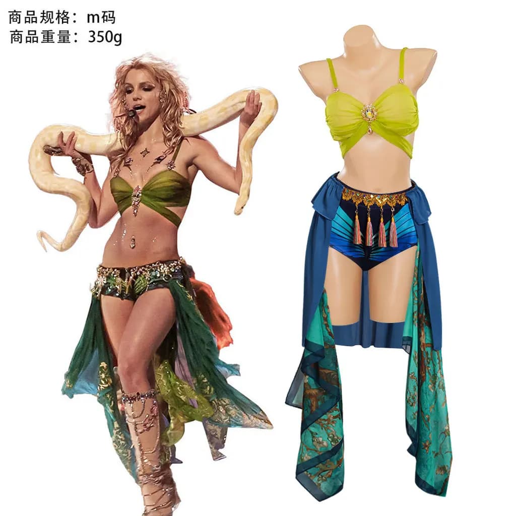 Britney Spears Tropical Snake Music Video Cosplay Set Boho Tassel Bikini Wrap Skirt Women Halloween Carnival Stage Costume
