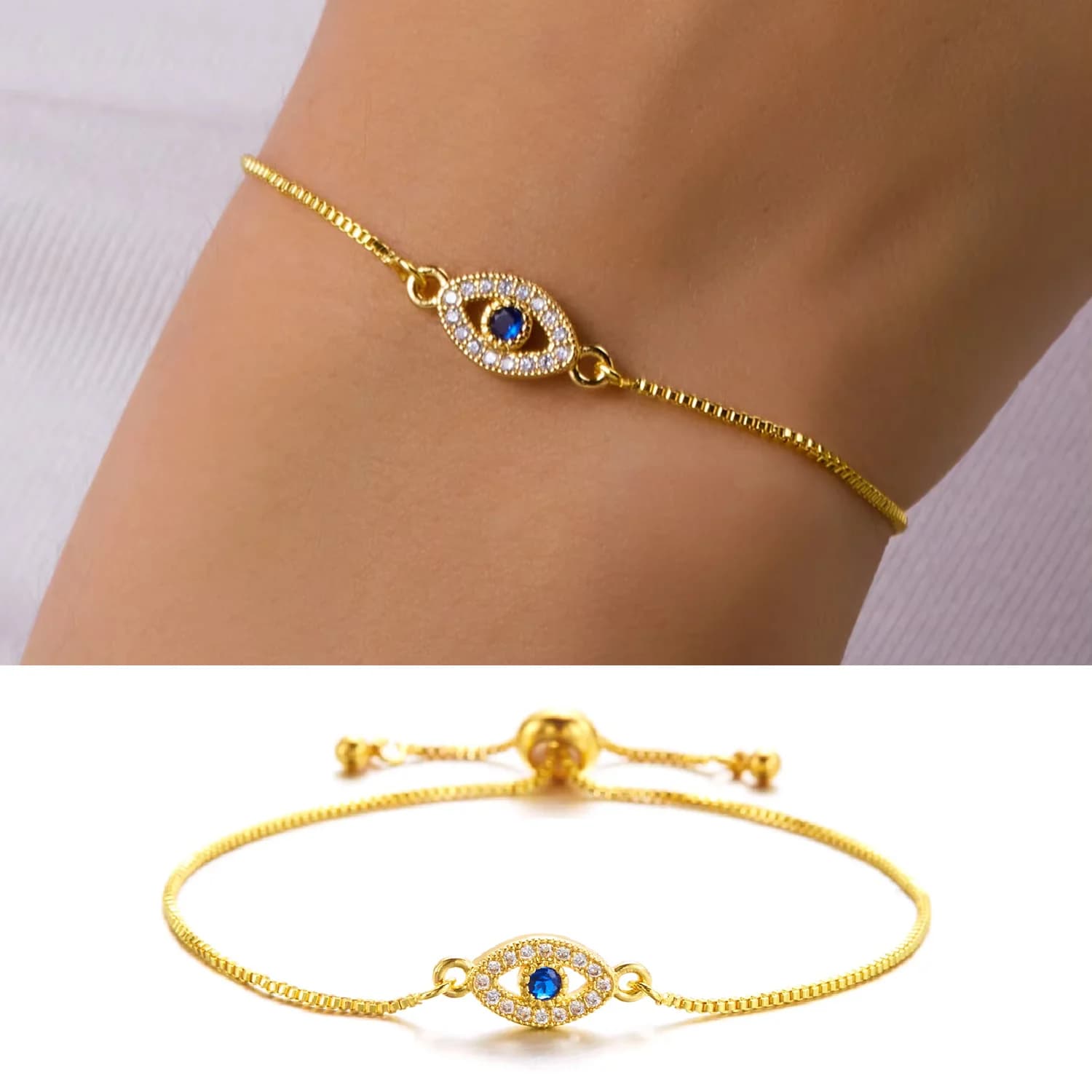 Lucky Gold Color Zircon Evil Blue Eye Bracelet Bangle Fashion Luxury Jewelry Women Gift Adjustable Handmade