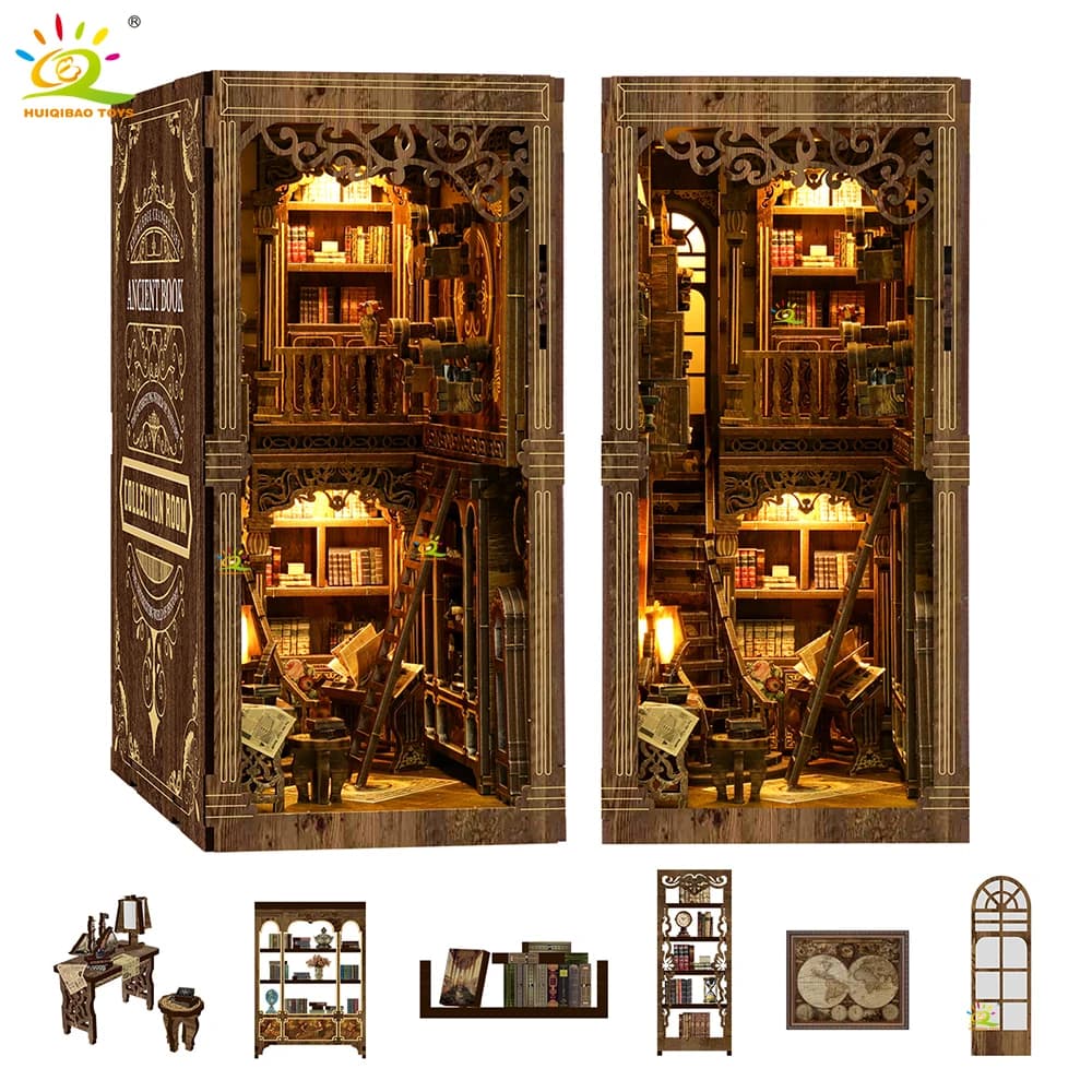HUIQIBAO FAI DA TE Retro Libreria Scaffale Modello 3D Puzzle di Legno Assemblare Libro Nook Scaffale Kit di Costruzione In Miniatura Giocattoli Fatti A Mano