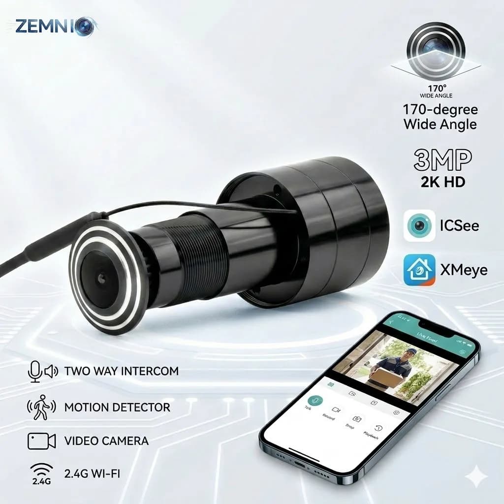 ZEMNIO WiFi 3MP 2K HD Smart Peephole Camera 170° Wide Angle Two-Way Intercom Motion Detect ICSee XMeye TF Card No/16/32/64/128GB
