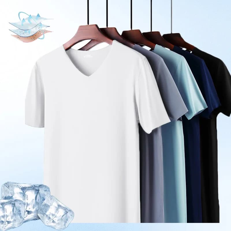 T-shirt a maniche corte in seta di ghiaccio da uomo estiva con scollo a V leggera traspirante ad asciugatura rapida tinta unita casual stile semplice top