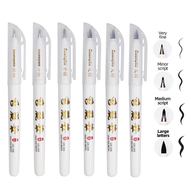 6Pcs/set Hand Lettering Pens, Calligraphy Pens, Brush Markers Set, Soft and Hard Tip, 4 Size for Beginners Writing Art Drawings