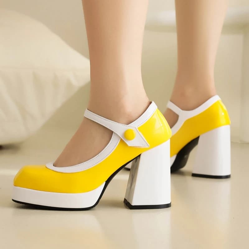 Fashion Punk High Heels Mary Janes Shoes Woman Platform Yellow Red Pink Women's Heeled Wedding Party Office Shoes Large Size 46
