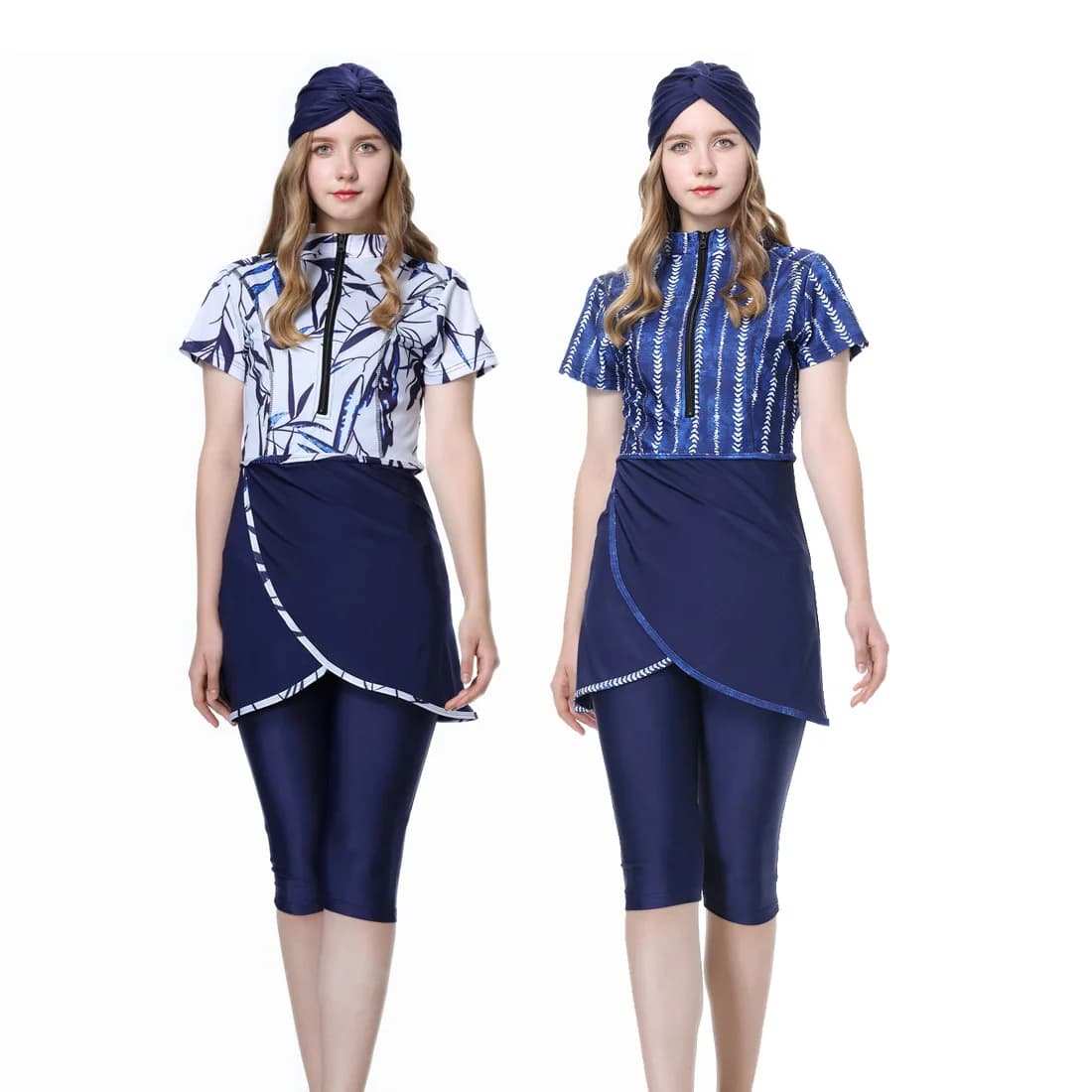 Costume da bagno musulmano modesto a vita alta 2026, elegante set burkini a maniche corte con stampa a foglie e turbante, per donna, islamico