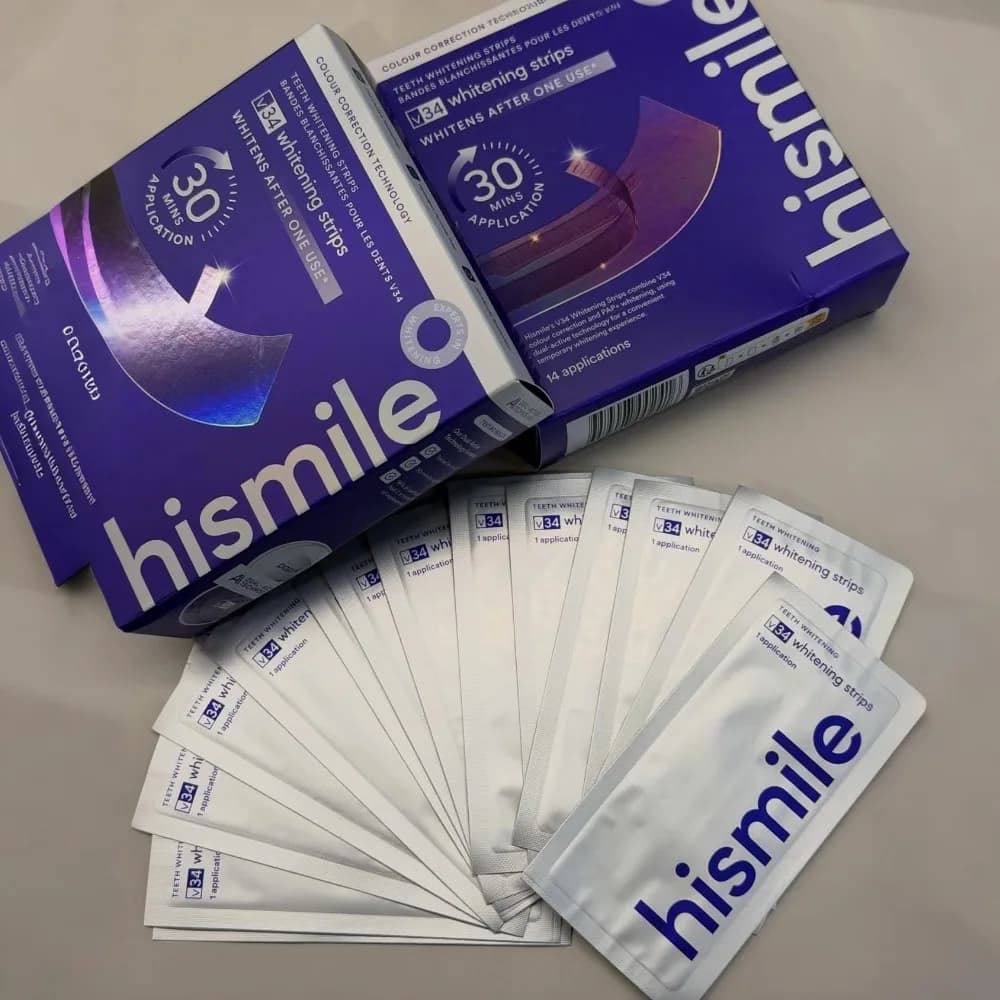 Strisce sbiancanti per denti Hismile V34 237ml, collutorio sbiancante e detergente iD Stain 30ml, siero correttore del colore V34 per sbiancamento denti