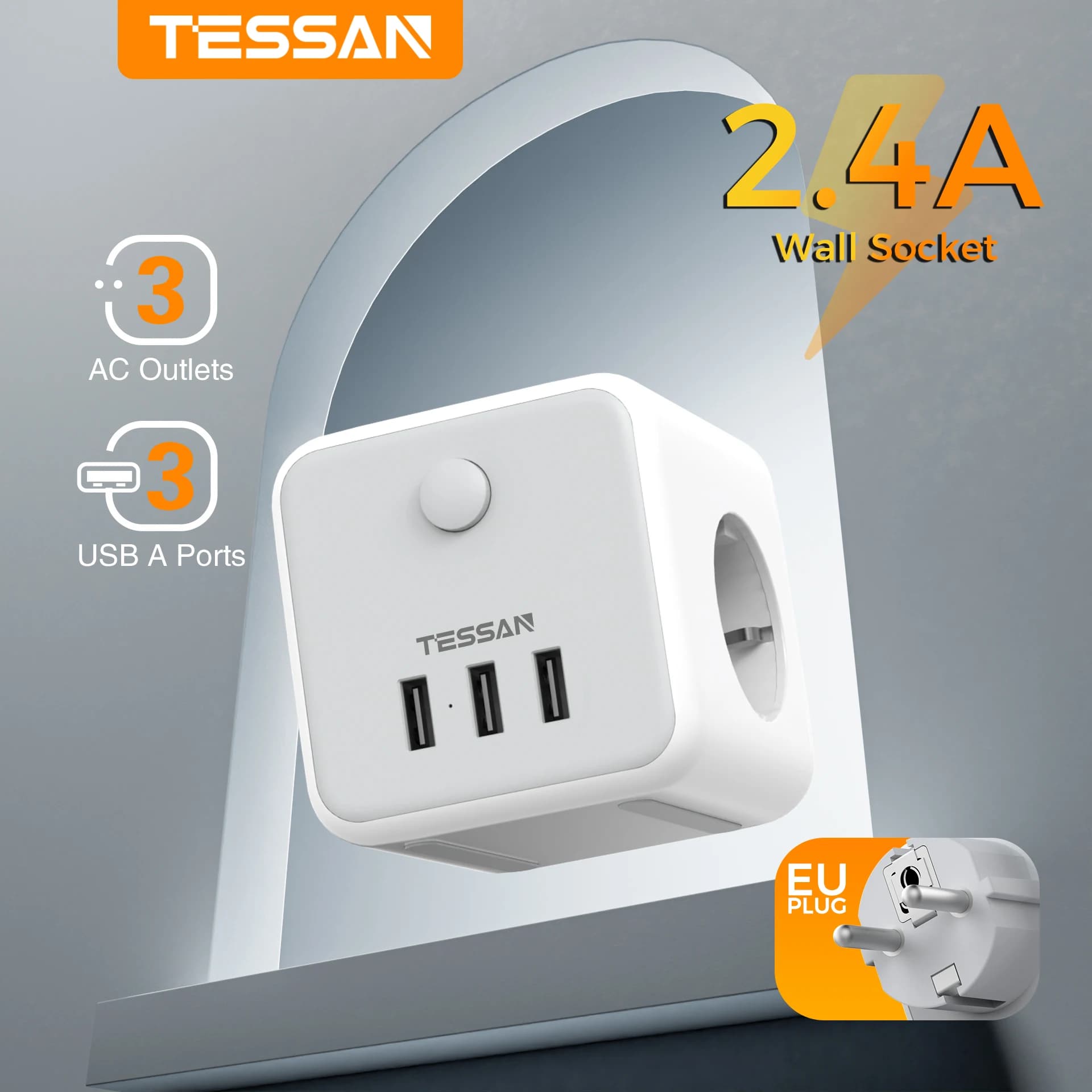 TESSAN European Korea Plug Electric Socket Extender with USB Ports Tee Socket Cube Multi-tap Power Strip Adapter for Home Travel