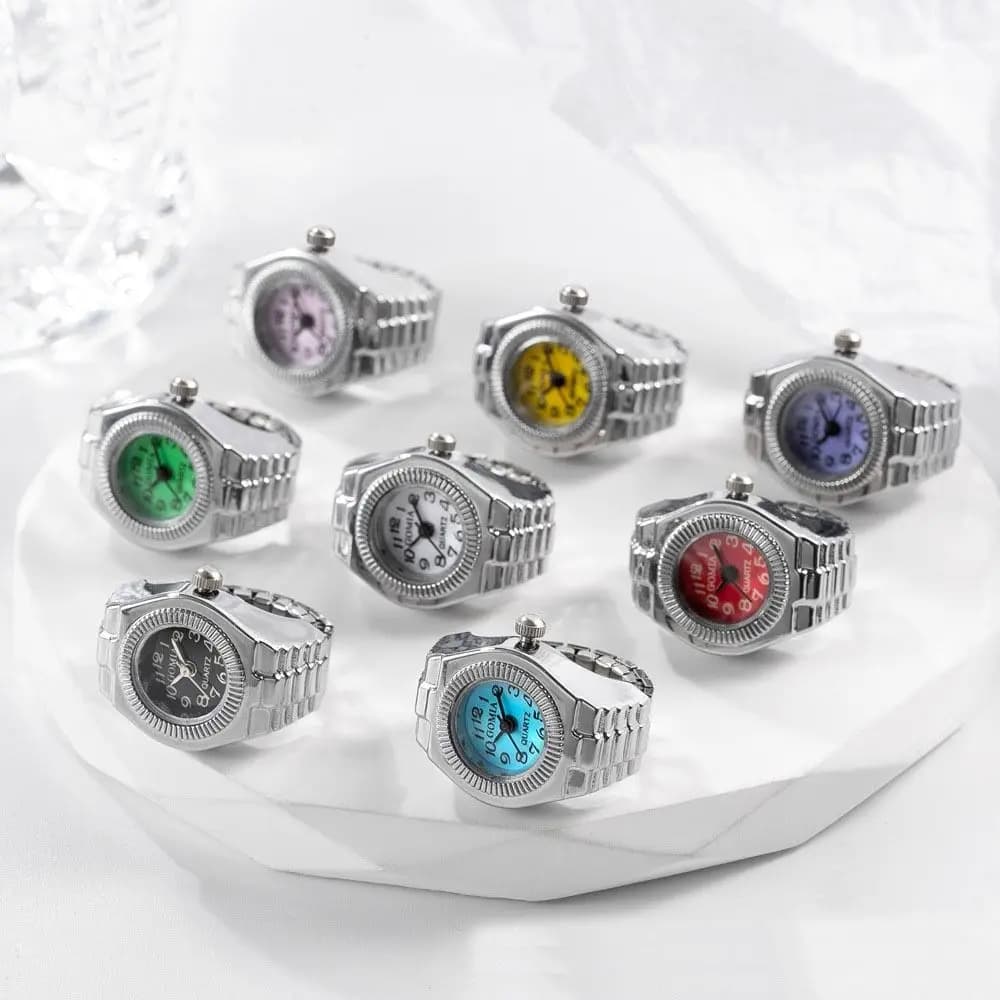 Punk Mini Finger Watch Rings Creative Elastic Strap Watches Couple Rings Alloy Roman Quartz Watch Rings
