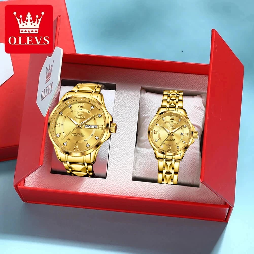 OLEVS 2906 coppia di orologi coppia di orologi di lusso a forma di diamante cinturino in acciaio calendario settimana orologio da polso al quarzo uomo donna amanti di lusso orologi
