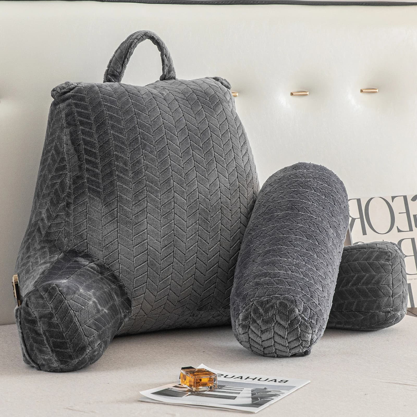 Cuscino da lettura per poggiatesta Cuscino per sedersi per supporto schienale letto Cuscino per divano con braccioli, tasche laterali, rotolo per il collo staccabile