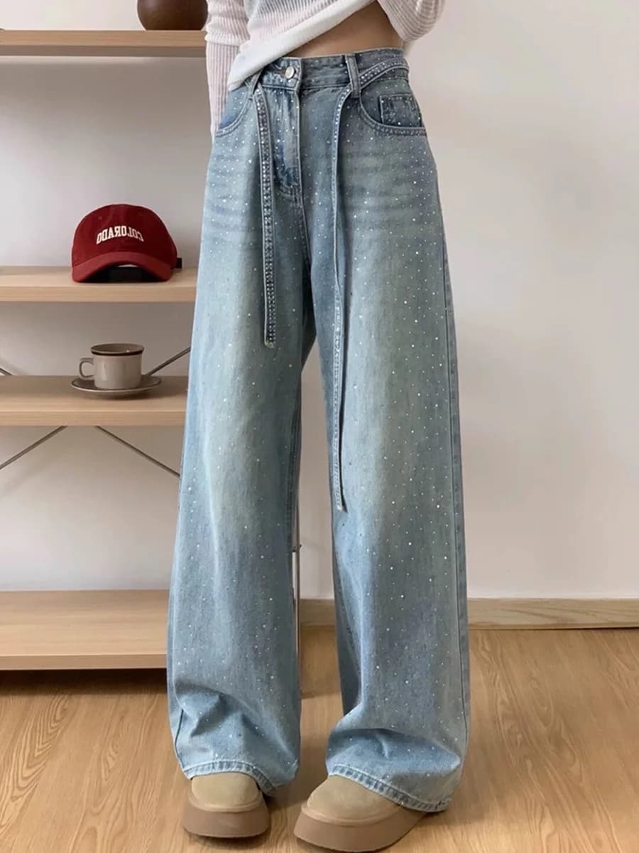 plus Size American Rhinestone Denim Jeans Women's High Waist Straight Leg Wide Leg Pants Trendy Autumn plus Size Pear Shaped ...