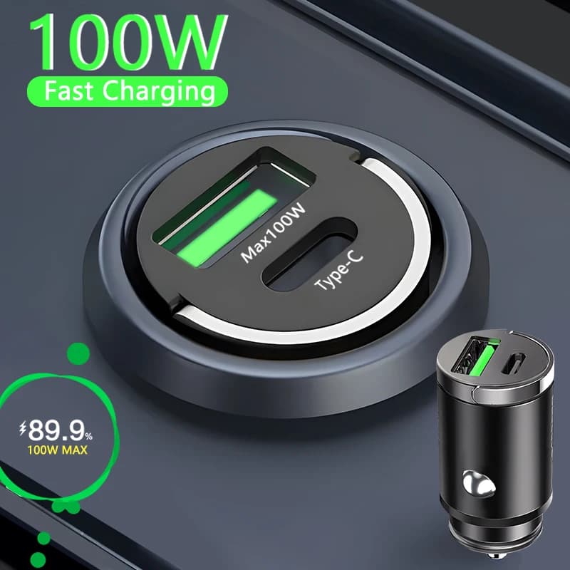 Mini 100 W Car Charger Fast Recharge for iPhone QC3.0 Mini PD USB Type C Car Charger for Xiaomi Samsung Huawei