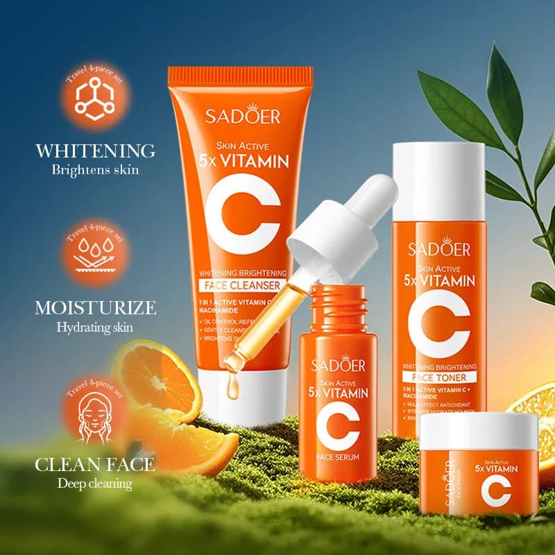 SADOER 5x Vitamin C Kit Moisturizing Whitening Travel Set (face cleaning, toner, serum, face cream) 4 piece skin care set