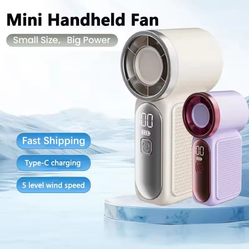 Portable Handheld Mini Fan 5 Speed Adjust Type C Rechargeable Fan Digital Display Desktop Fan Outdoor
