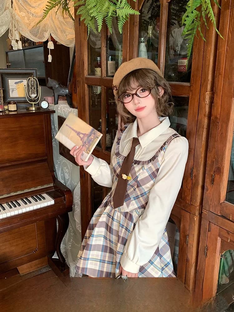 Academy Style Plaid Fake Two-Piece Dress Women Spring Long Sleeve Gathered Short Skirt Polyester Fiber Loose Fit A-Line Skirt