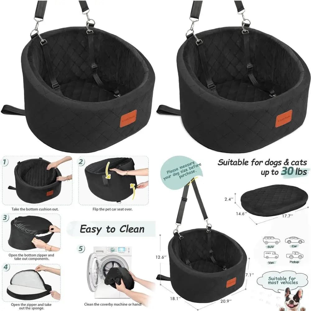 Seggiolino auto per cani fino a 13,6 kg, tessuto ultra morbido, memory foam confortevole, 2 guinzagli di sicurezza, rimovibile e lavabile, antiscivolo