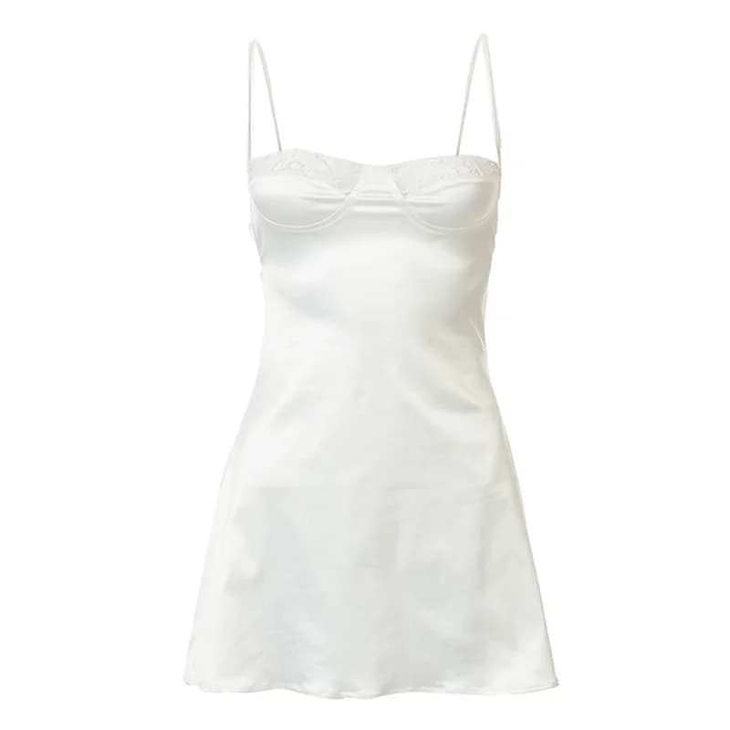 Abito da donna sexy in raso patchwork di pizzo taglio basso senza maniche senza schienale scava fuori mini abiti a trapezio indumenti da notte Y2K streetwear