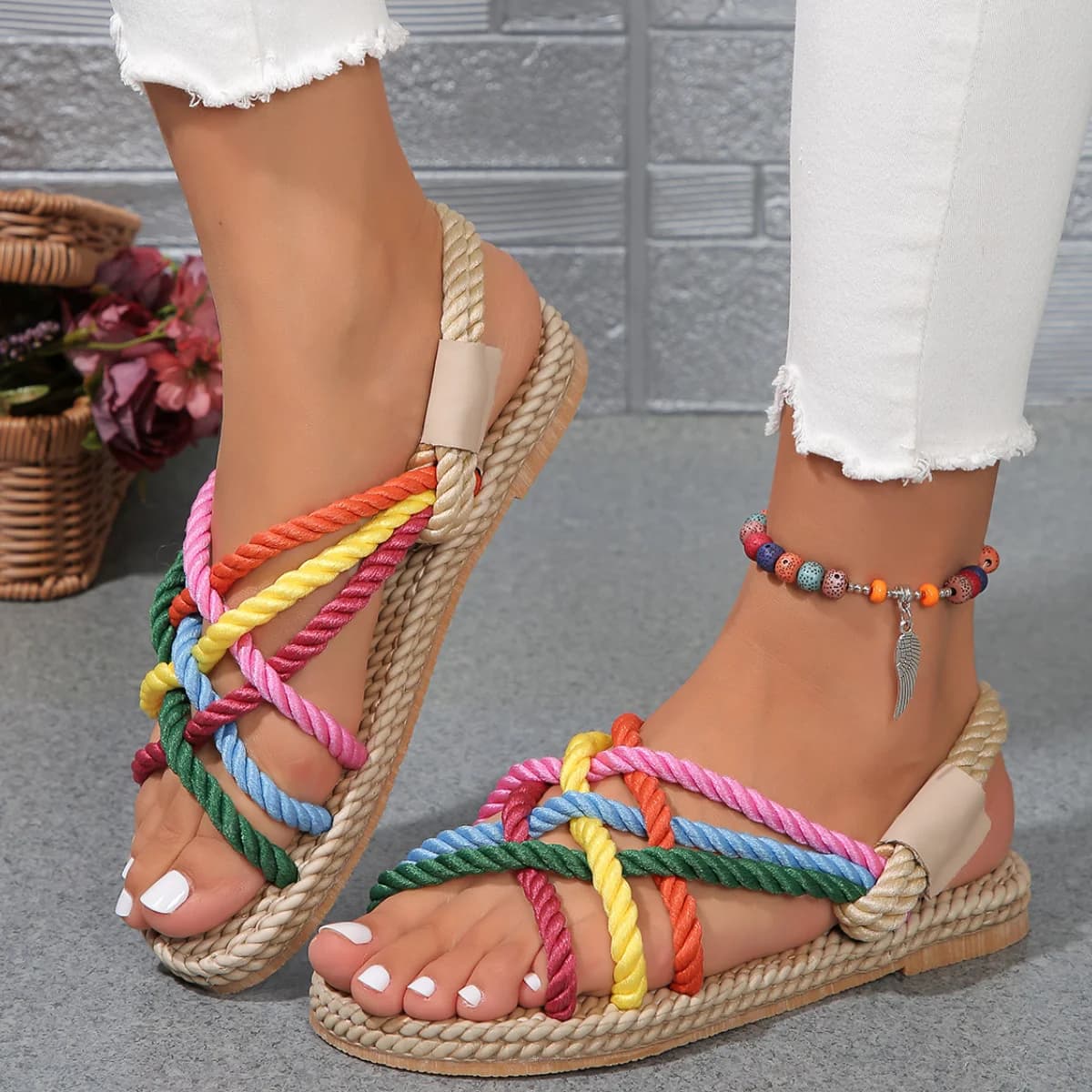Women Rainbow Color Braided Rope Flat Heel Sandals Outdoor Casual Slip On Slides Sandals Woman Plus Size 43 Beach Vacation Shoes