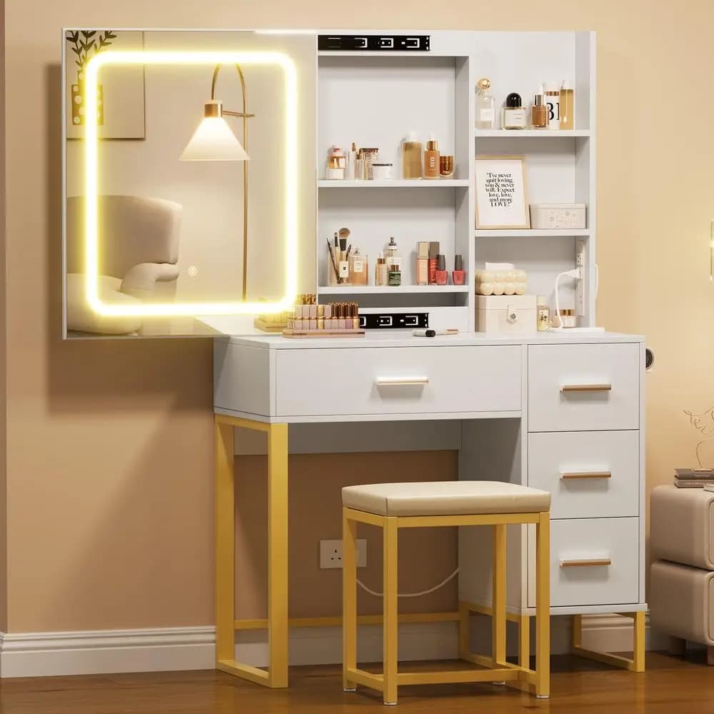 Desk with lights and mirror, make-up table with padded stool, sockets and support for hairdryer, drawers and shelves 3