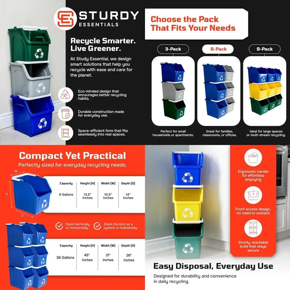 Contenitori per Riciclaggio in Plastica Riciclata Impilabili da 6 Galloni, Blu, Confezione da 6 - Ideali per Cucina, Casa, Garage, Ufficio