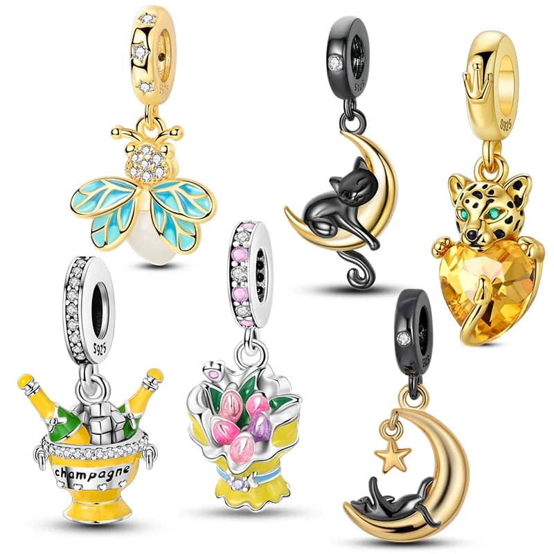 Ciondoli dorati placcati in argento Leopardo Firefly Scimmia Gatto Perline Ciondola il braccialetto originale con ciondolo gioielli fai da te