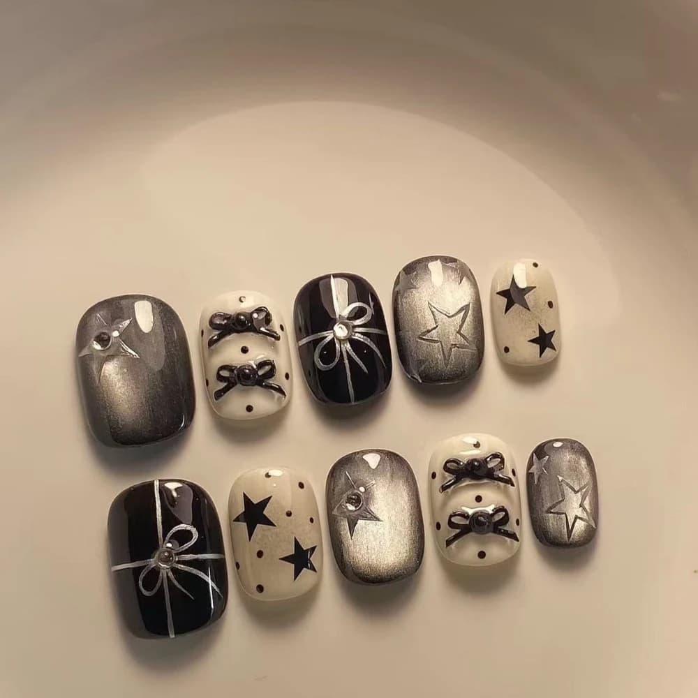 10 pieces autumn winter simple tone white black cat eyes stars print handmade on nails polka dots 3D bow black nails fake art