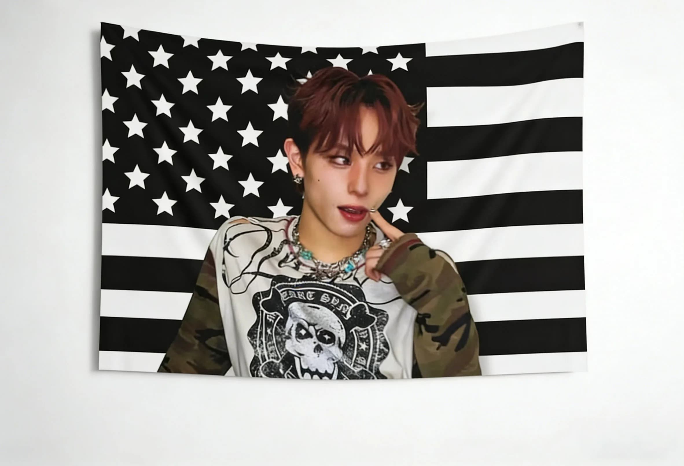 1PC Xlov Haru Kpop Flag Tapestry Black and White American Flag Tapestry Suitable For Bedroom Dorm Aesthetic Wall Hanging Decor