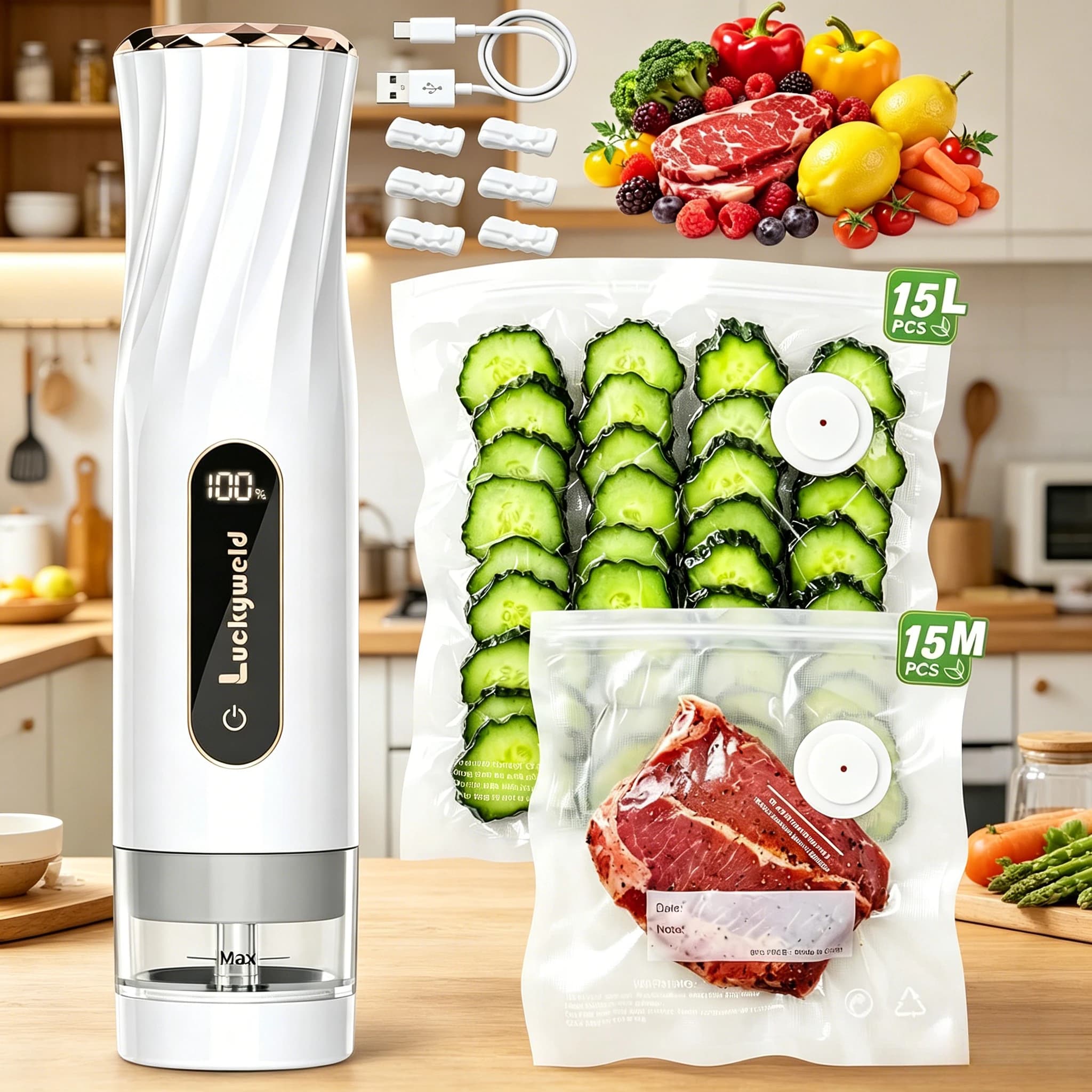 Handheld Food Vacuum Sealer, 30 Reusable Bags, and a Kitchen Battery Level Indicator—A Gift for Moms, Wives, Chefs, and Families