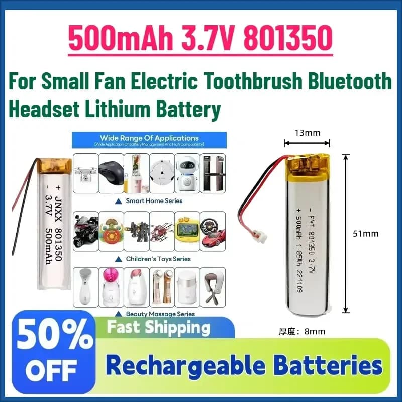 Batteria ricaricabile ai polimeri di litio da 2-10 pezzi 500mAh 3.7V 801350 per piccolo ventilatore, spazzolino elettrico, auricolare Bluetooth al litio