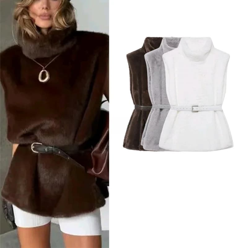 Nuovo Gilet Invernale da Donna in Finta Pelliccia, Stile Old Money, con Collo Alto e Cintura, in Fibra di Poliestere 100%