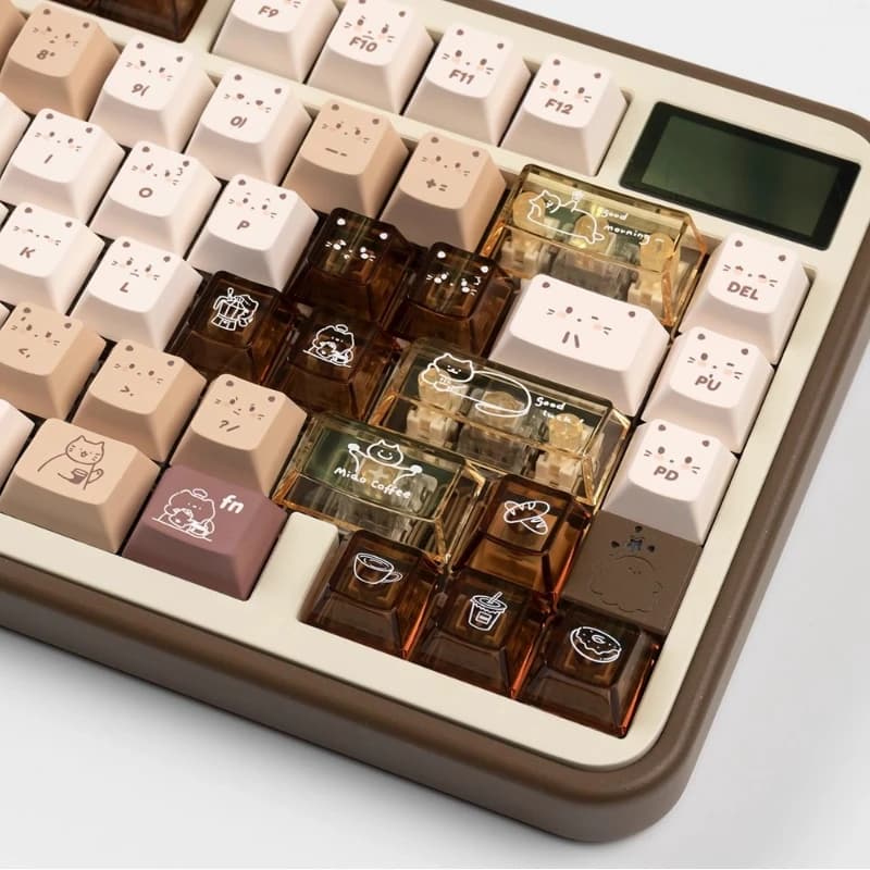Cute Coffee Cat Theme Keycaps PBT+PC Keycap Cherry Profile Custom Game Transparent KeyCap for Mechanical Keyboard Accessory Gift