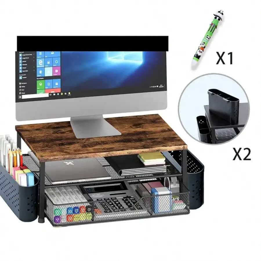MOFOROCO Supporto per monitor da scrivania, supporto per laptop, organizer da scrivania con cassetto e 2 portapenne, supporto per monitor da scrivania con spazio sotto per ufficio, casa, materiale scolastico, supporto per monitor, ripiano per la parte superiore della scrivania