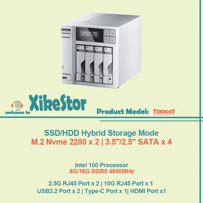XikeStor All-in-1 M.2 Nvme 2280 x 2 e 3,5"/2,5" SATA x 4 SSD/HDD Archiviazione ibrida NAS Processore Intel 100 8G/16G DDR5 4800 MHz