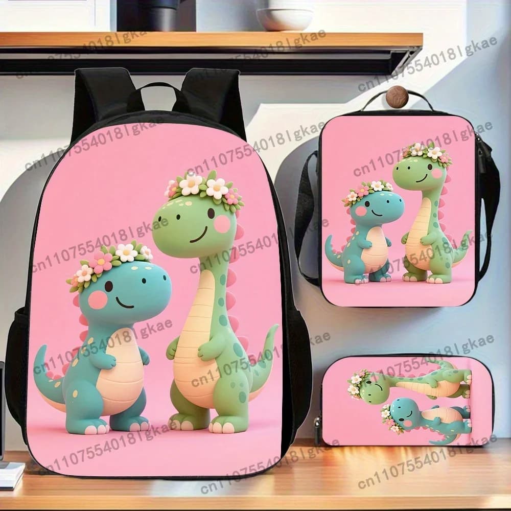 3pcs/set Dinosaur Travel Backpack Set - Cute Cartoon Design With Large Capacity Double Shoulder Bag, Pencil Case & Lunch Box - L