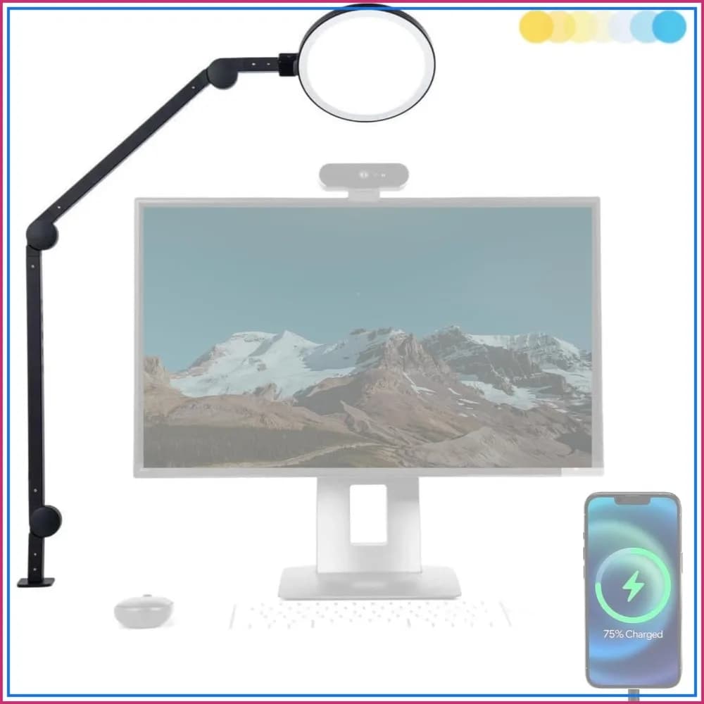 LUME CUBE Edge 2.0 LED Desk Lamp | Dimmable Home Office Light with USB Charging & Swing Arm | Adjustable Color Temp & Brightness | Circle Webcam Light