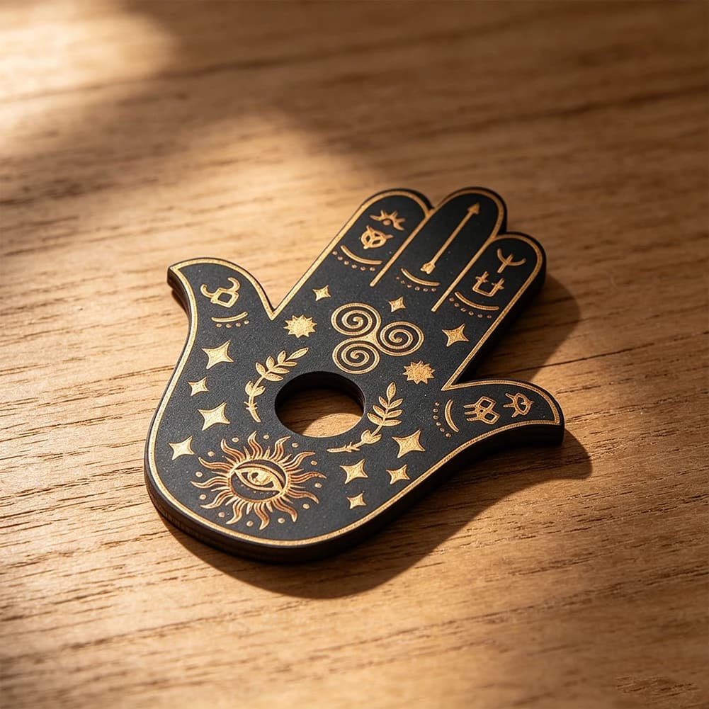 Hamsa Hand Wooden Stand Incense Holder Base for Crystal Ball Tumbled Stones Collection Home Tabletop Spiritual Decor Gift