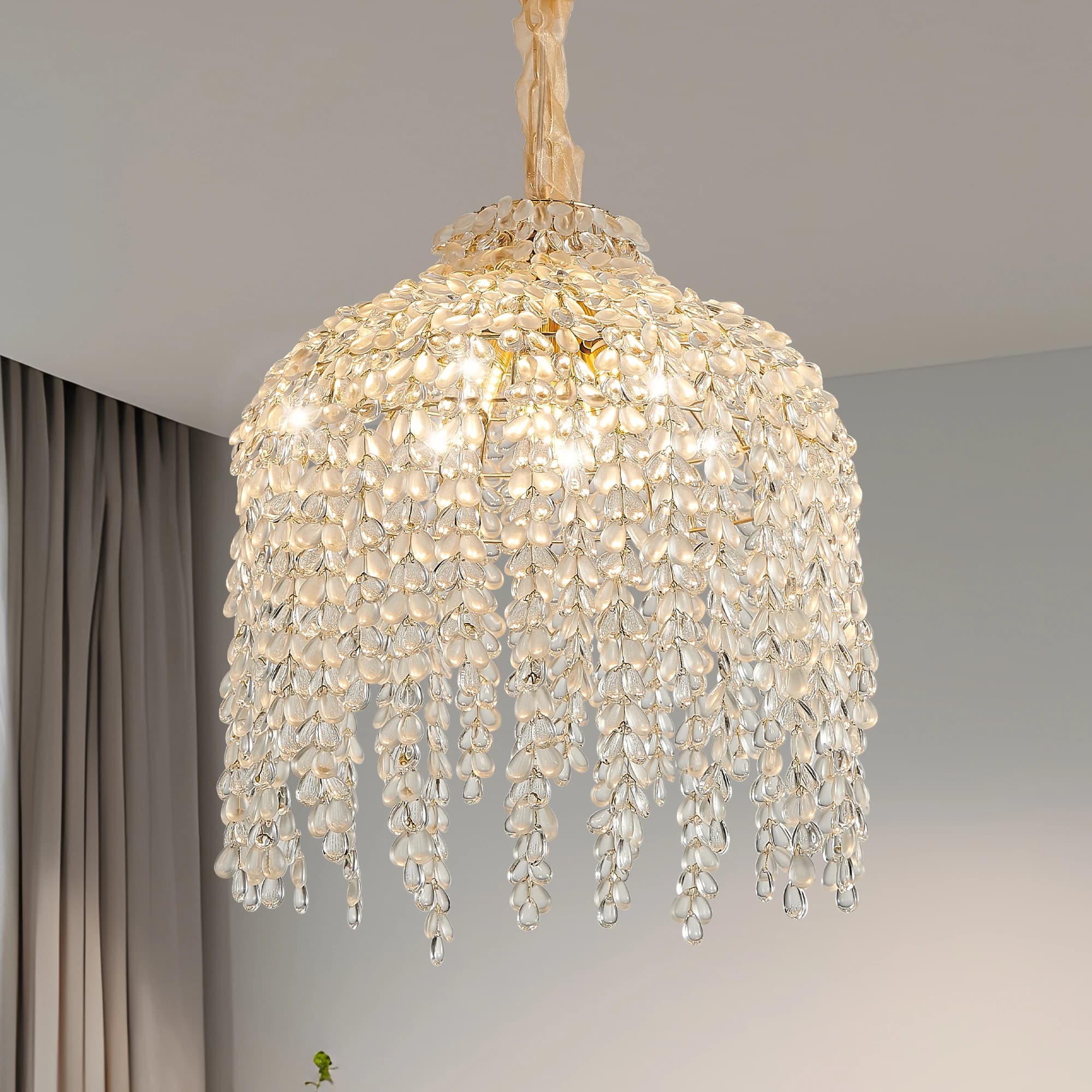 Lampadario a sospensione in cristallo a 5 luci da 16 pollici Design elegante a cascata con corde di perline di cristallo e finitura dorata (senza lampadina)