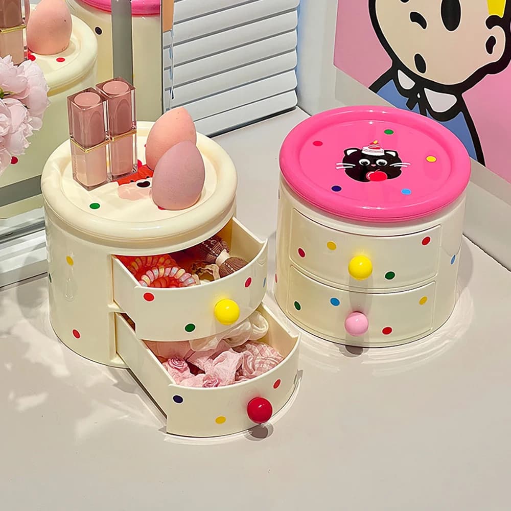 Simpatico Organizzatore Rotondo a Pois con Cassetti Multistrato per Trucchi, Gioielli e Cancelleria, Ideale per Scrivania e Camera da Letto delle Ragazze
