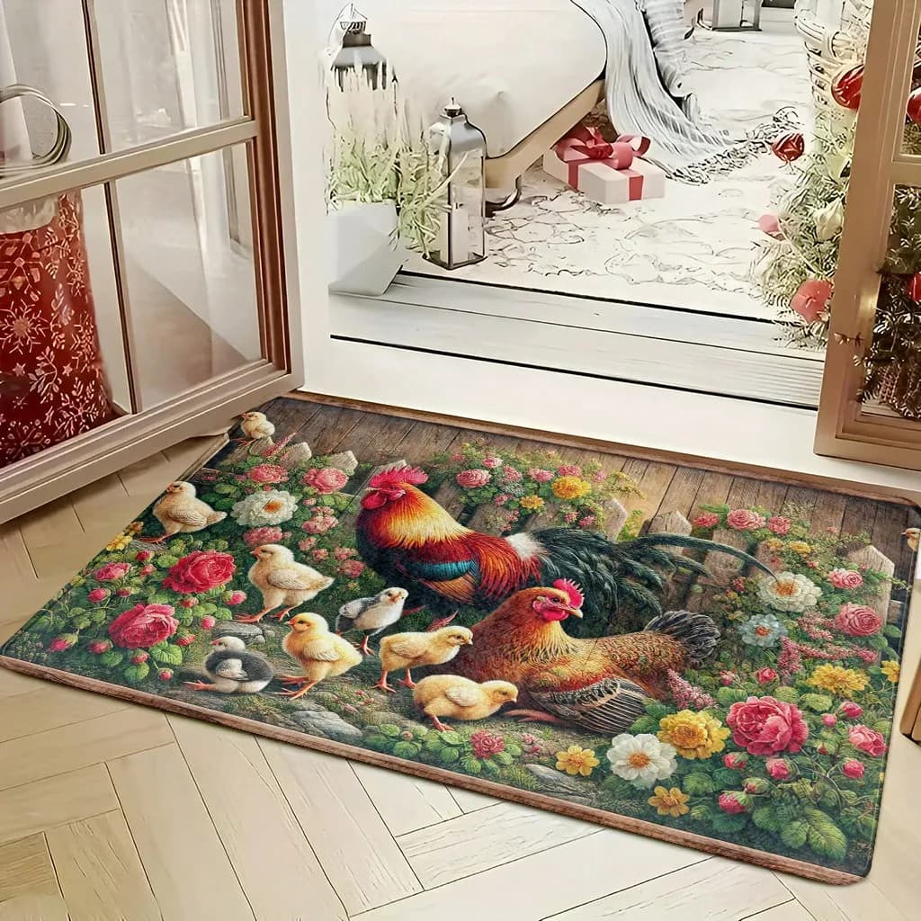 1pc Plush Mat Surrounded By A Fence Featuring Flowers, Hens, And Chicks, Designed To Be Non-Slip And Suitable For Living Rooms, Bedrooms, Bathrooms, Kitchen