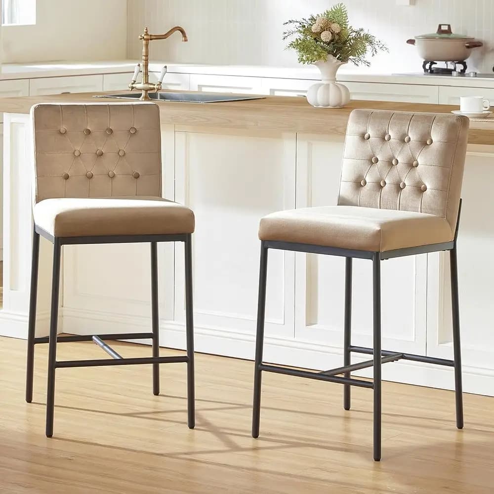 Set di 2 sgabelli da bar in velluto con schienale alto 26,4 cm e gambe in metallo per isola cucina e sala da pranzo, nero