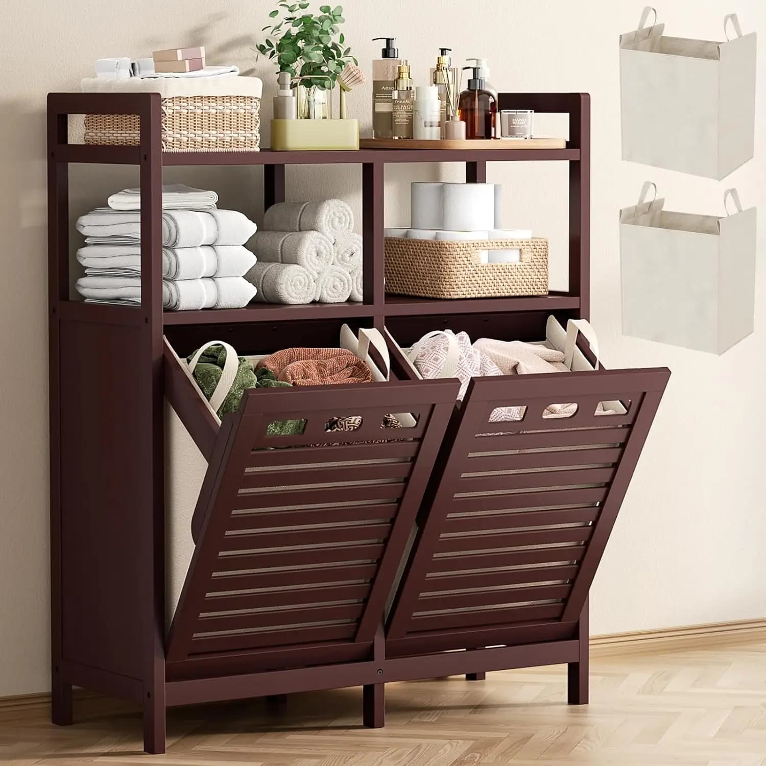 Espresso Bamboo Tilt Out Double Laundry Hamper Cabinet, Laundry Sorter Organizer with Storage Shelf and 2 Removable Baskets, 20 Gal Dirty Clothes Storage Unit for Bathroom Laundry Room