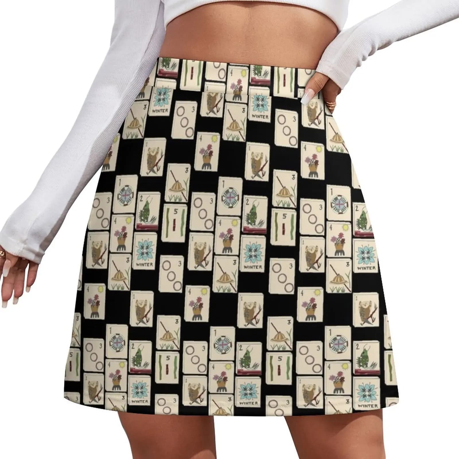 Minigonna con motivo Mahjong Majong Black Tile, abbigliamento da donna, gonne corte, minigonna