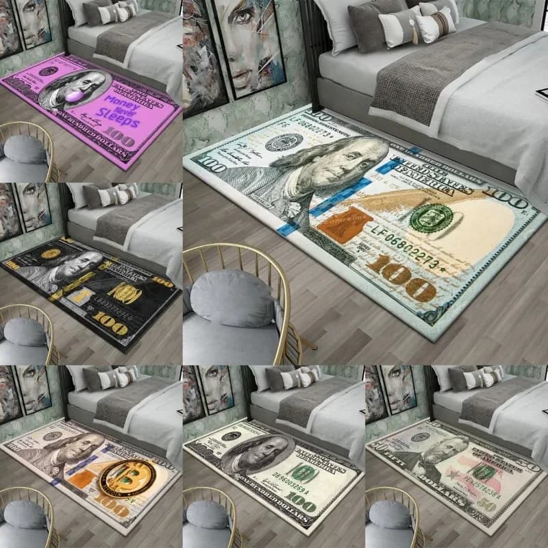 VIKAMA Creative 100 Dollar Bill Print Rug, Non-Slip Funny Money Floor Mat for Bedroom, Living Room & Novelty Decor