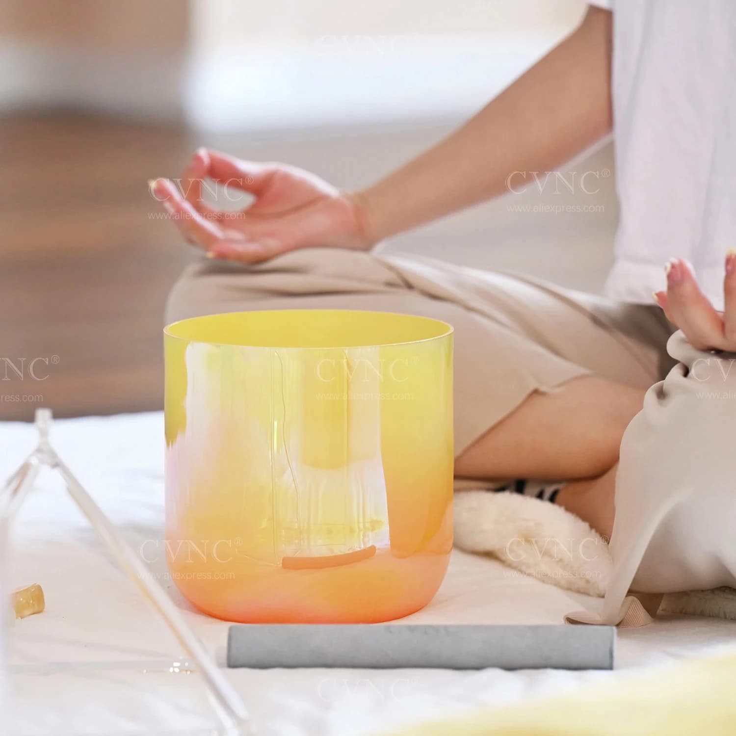 6 Inch Dream Color Yellow Alchemy Clear Quartz Crystal Singing Bowl for Sound Healing and Meditation with Mallet