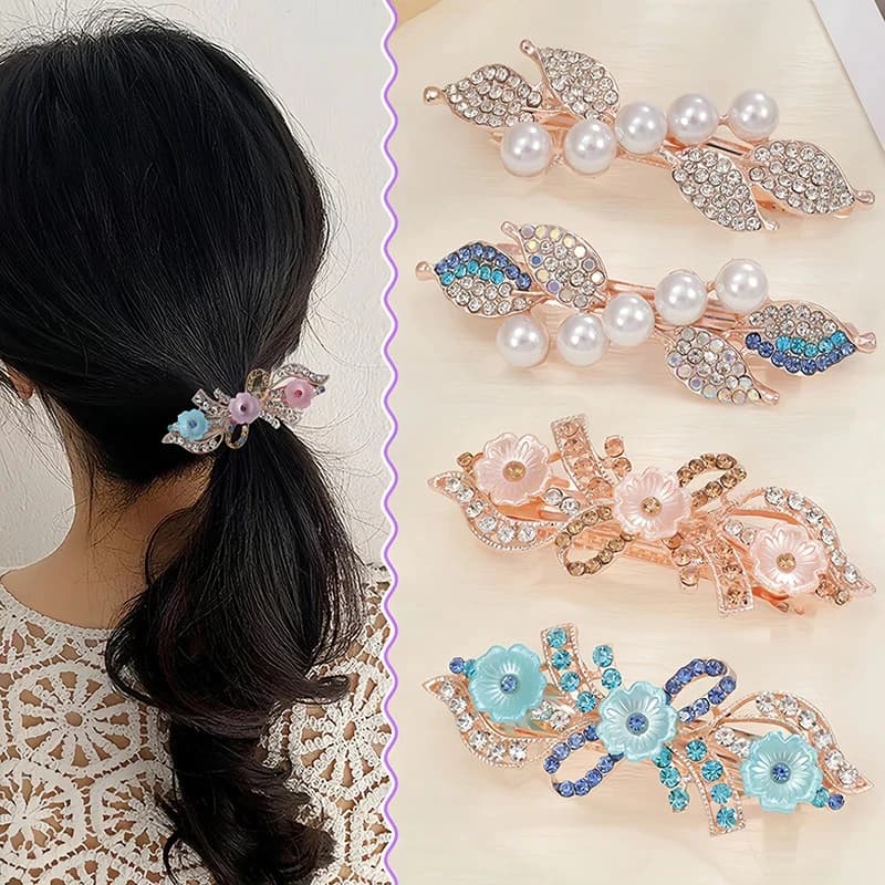 Pearl Crystal Hairpins For Women Sequin Rose Flower Hair Bows With Clips Rhinestone Hair Barrettes Hair Accessories