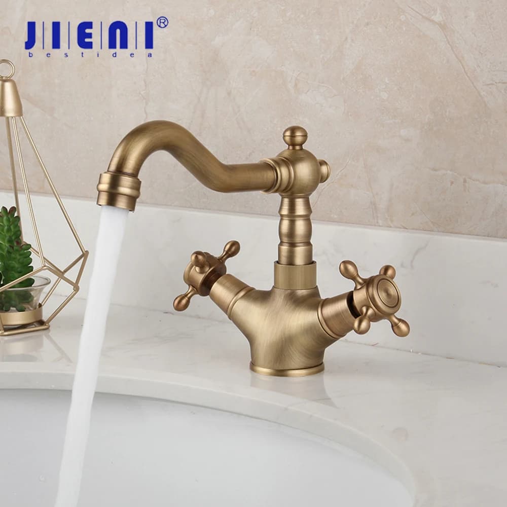 JIENI Rubinetto da cucina girevole in ottone antico Miscelatore per lavabo da bagno Doppia maniglie Montaggio su piano Flusso ruotato Rubinetto per acqua calda e fredda
