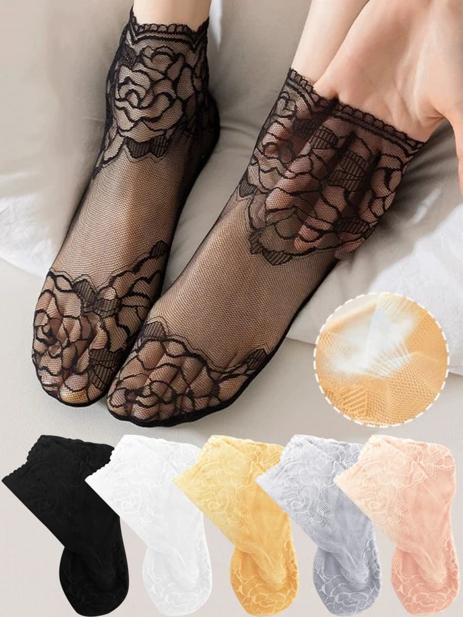 5 paia di calze estive da donna sottili, traspiranti, leggere, che assorbono il sudore, in pizzo rosa