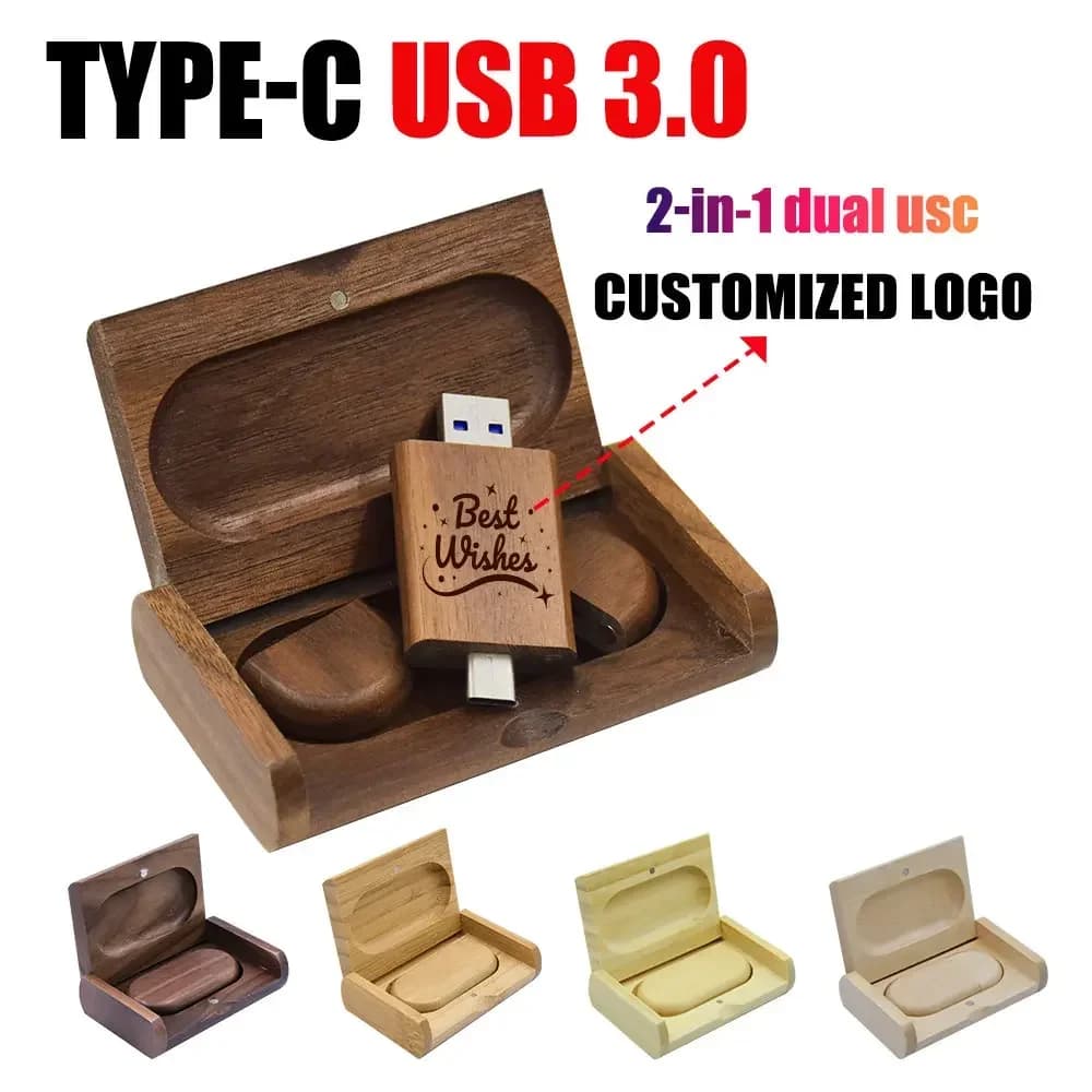 Chiavetta USB 3.0 TYPE-C 2 IN 1 128 GB Logo personalizzato gratuito Pen Drive 64 GB Memory Stick con ciondolo in legno 32 GB Regalo di nozze creativo