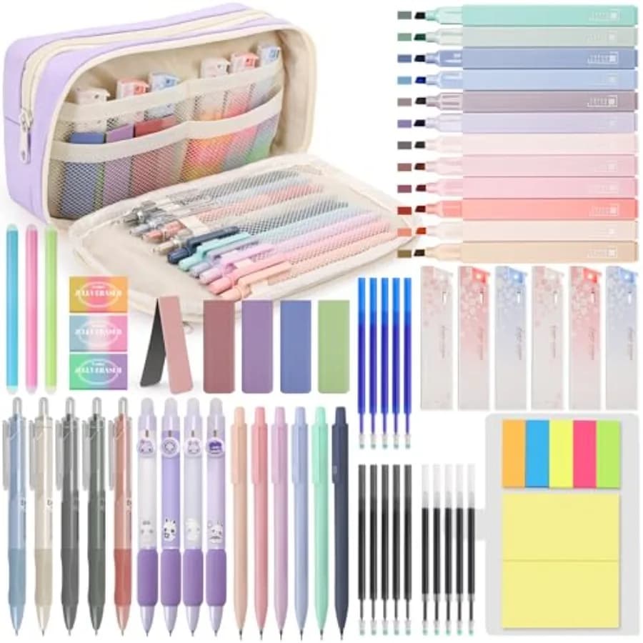 61 PCS Aesthetic School Supplies Set with Cute Pencil Case, Pastel No Bleed Highlighters, Gel Pens, Erasable Pens, Mechanical P