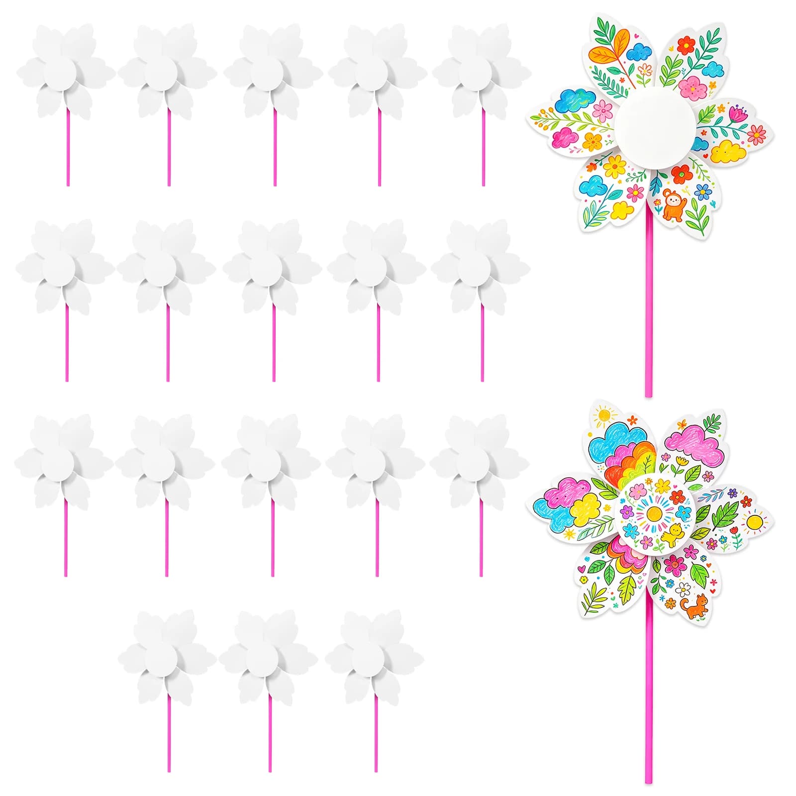 20/100Pcs DIY Pinwheels Craft White Blank Paper Pinwheel Craft Kit Color Your Own for Summer Activities School Daycare Graffiti