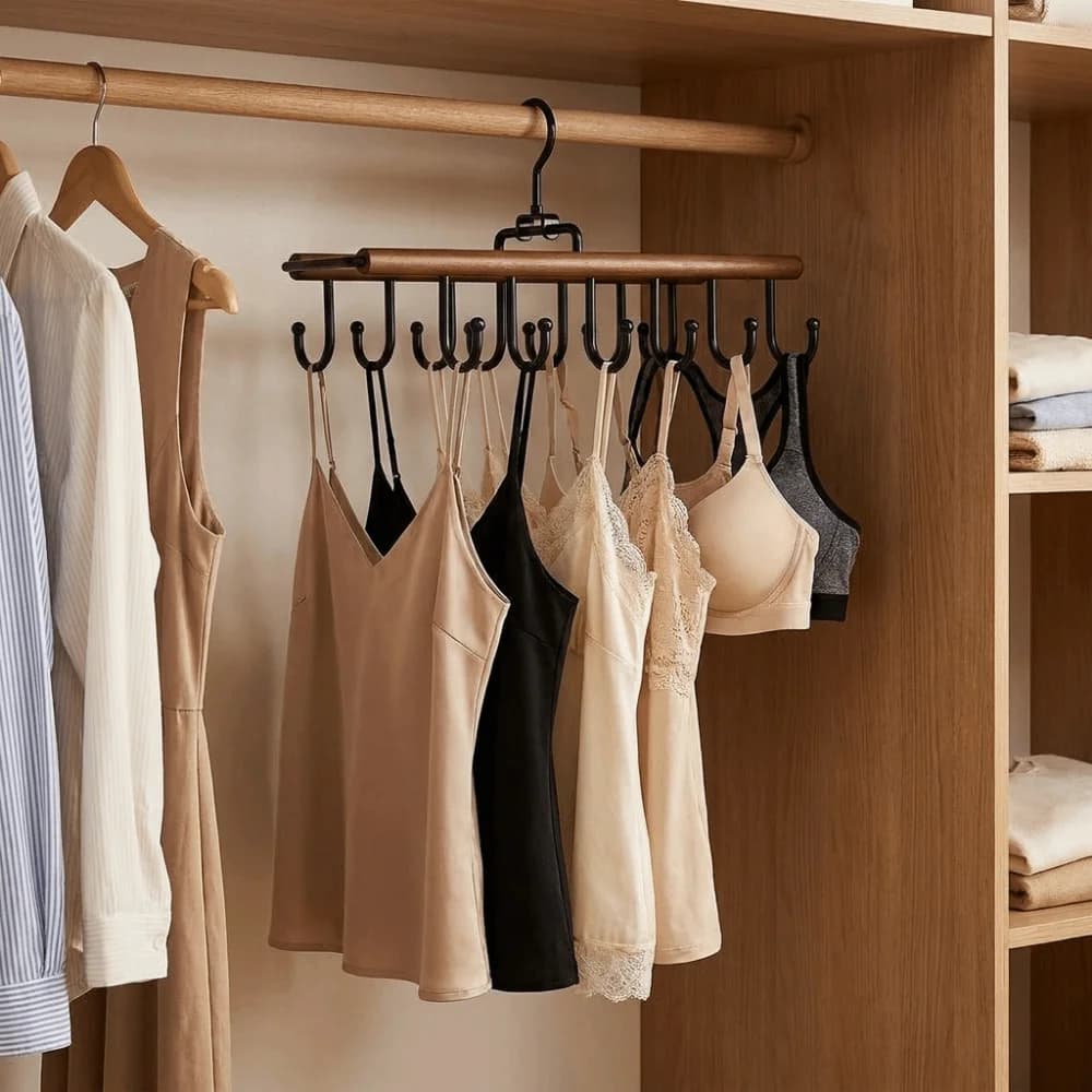 Practical 16 Hooks Double Row Rotating Hook Anti-slip Space Saving Storage Bra Hangers Wood Tie Belt Clothes Rack Wet/Dry